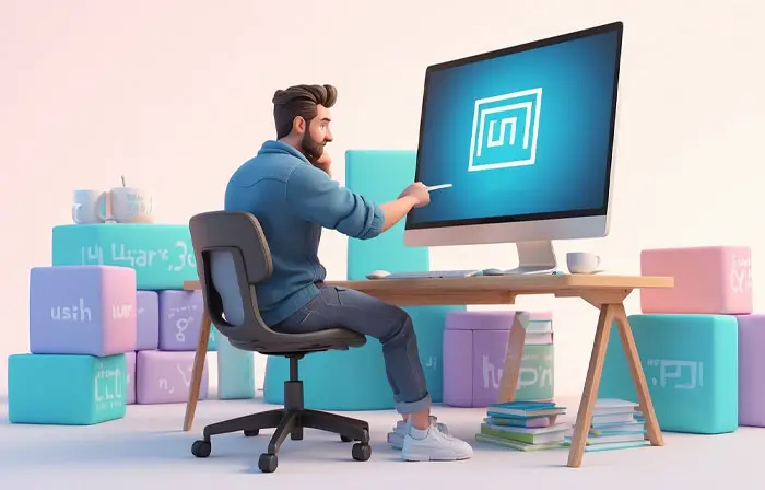 Man Working from Home at the Desk with Computer 3D Illustration image